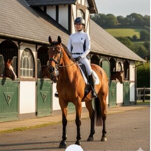 HR Farm White/blue Long  Sleeve Horseback Riding Shirt Schooling Lg Equestrian